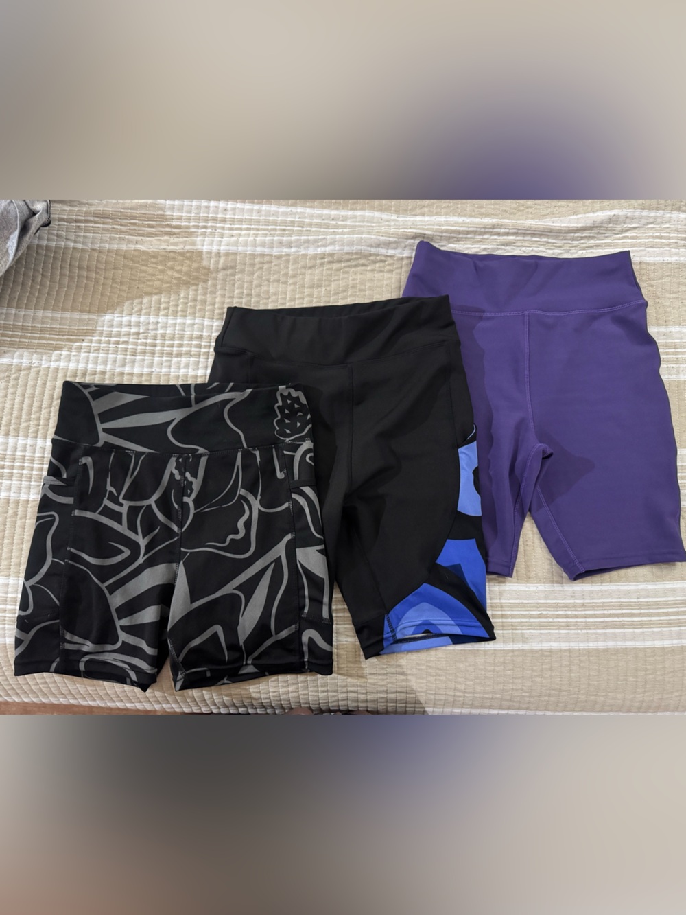 POP Fit Women’s Bike Shorts Trio — Black, Purple, Charcoal Pattern